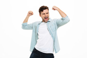 Energetic man flexing biceps and saying "Yeah!"