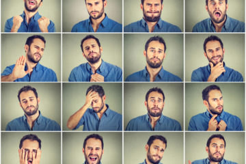 16 images of a man with various moods on his face